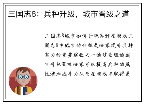 三国志8：兵种升级，城市晋级之道
