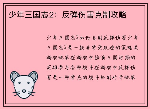 少年三国志2：反弹伤害克制攻略